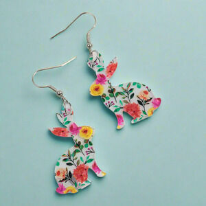 Multicolored Bunny Acrylic Dangle Earrings Easter Spring Cute